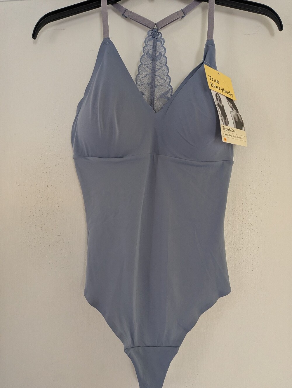 True & Co. Lace Racerback Bodysuit in Dusty Blue Size Medium Vneck NEW